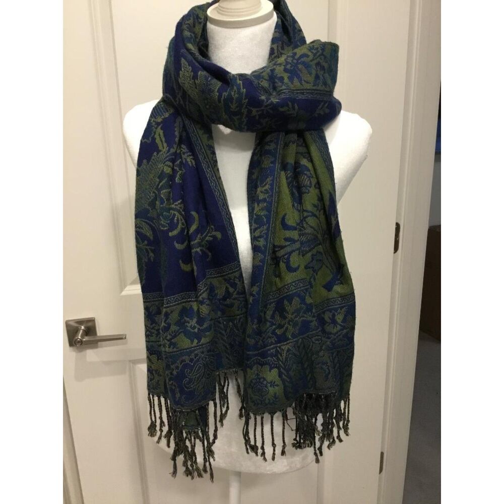 Women's Reversible Blue and Green Floral Shawl Wrap Scarf w/Fringes